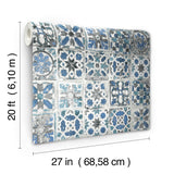 Encaustic Tile Blue Peel & Stick Wallpaper with Weathered Tile Motif - York PSW1302RL