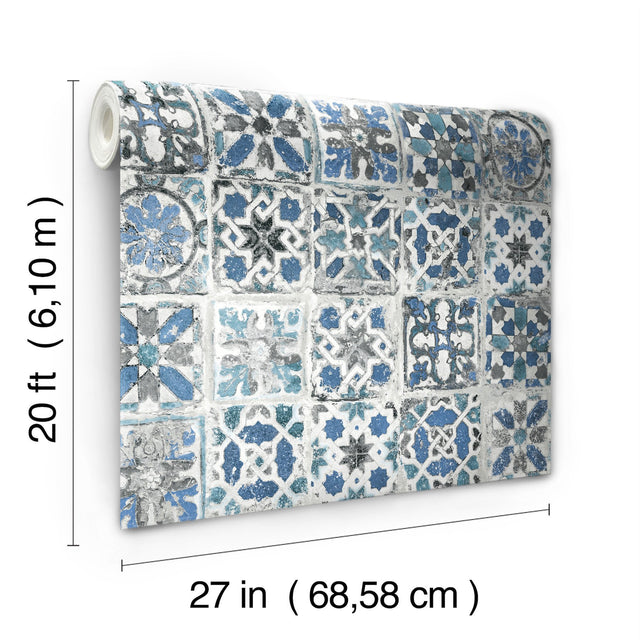 Encaustic Tile Blue Peel & Stick Wallpaper with Weathered Tile Motif - York PSW1302RL