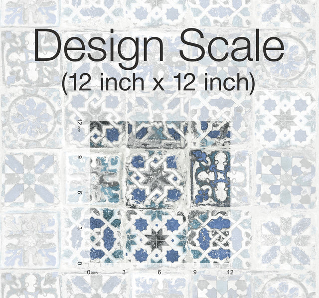 Encaustic Tile Blue Peel & Stick Wallpaper with Weathered Tile Motif - York PSW1302RL
