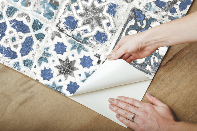 Encaustic Tile Blue Peel & Stick Wallpaper with Weathered Tile Motif - York PSW1302RL