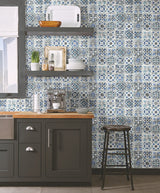 Encaustic Tile Blue Peel & Stick Wallpaper with Weathered Tile Motif - York PSW1302RL