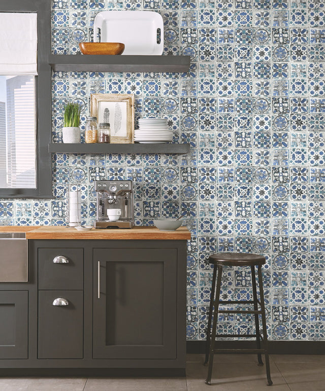 Encaustic Tile Blue Peel & Stick Wallpaper with Weathered Tile Motif - York PSW1302RL