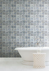 Encaustic Tile Blue Peel & Stick Wallpaper with Weathered Tile Motif - York PSW1302RL