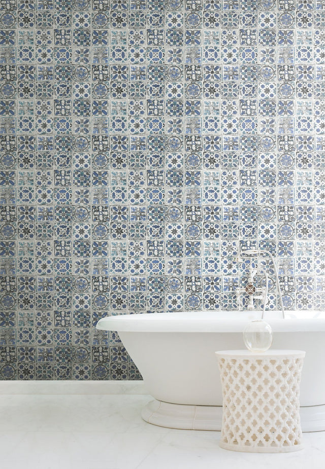 Encaustic Tile Blue Peel & Stick Wallpaper with Weathered Tile Motif - York PSW1302RL