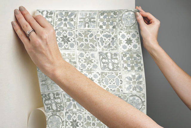 Encaustic Tile Blue Peel & Stick Wallpaper with Weathered Tile Motif - York PSW1302RL