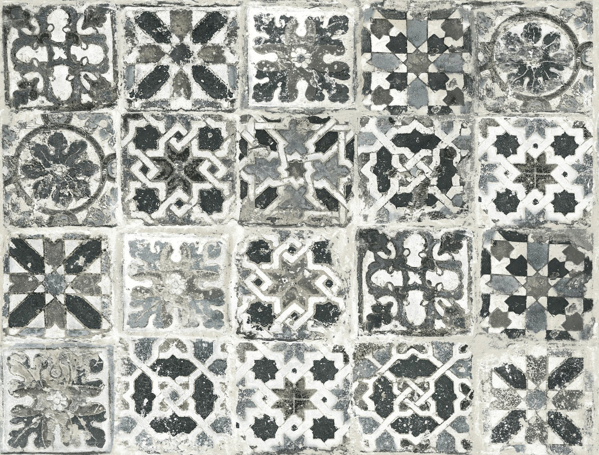 Encaustic Tile Black Peel & Stick Wallpaper with Stone-Look Geometric Pattern - York PSW1303RL