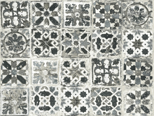 Encaustic Tile Black Peel & Stick Wallpaper with Stone-Look Geometric Pattern - York PSW1303RL