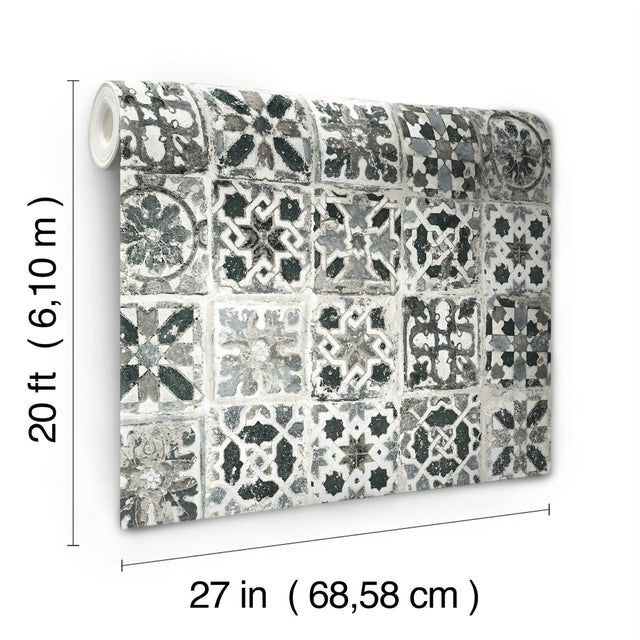 Encaustic Tile Black Peel & Stick Wallpaper with Stone-Look Geometric Pattern - York PSW1303RL