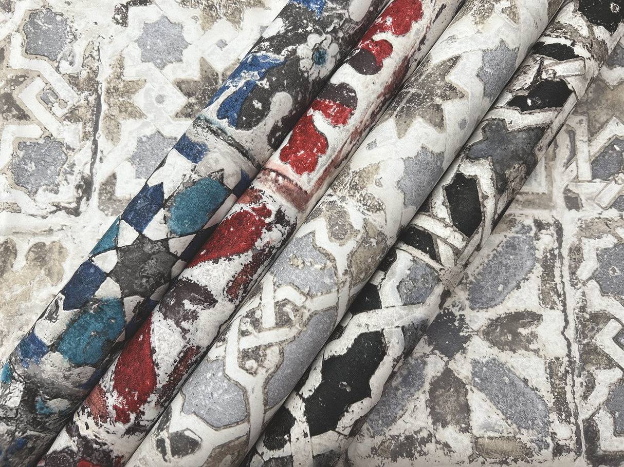 Encaustic Tile Black Peel & Stick Wallpaper with Stone-Look Geometric Pattern - York PSW1303RL
