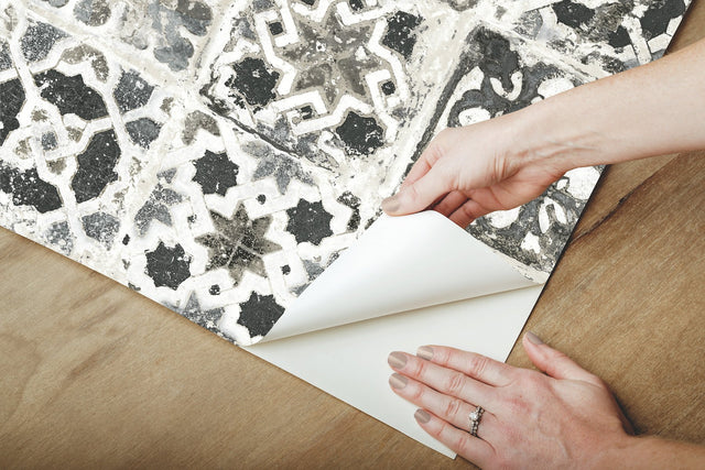 Encaustic Tile Black Peel & Stick Wallpaper with Stone-Look Geometric Pattern - York PSW1303RL