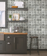 Encaustic Tile Black Peel & Stick Wallpaper with Stone-Look Geometric Pattern - York PSW1303RL