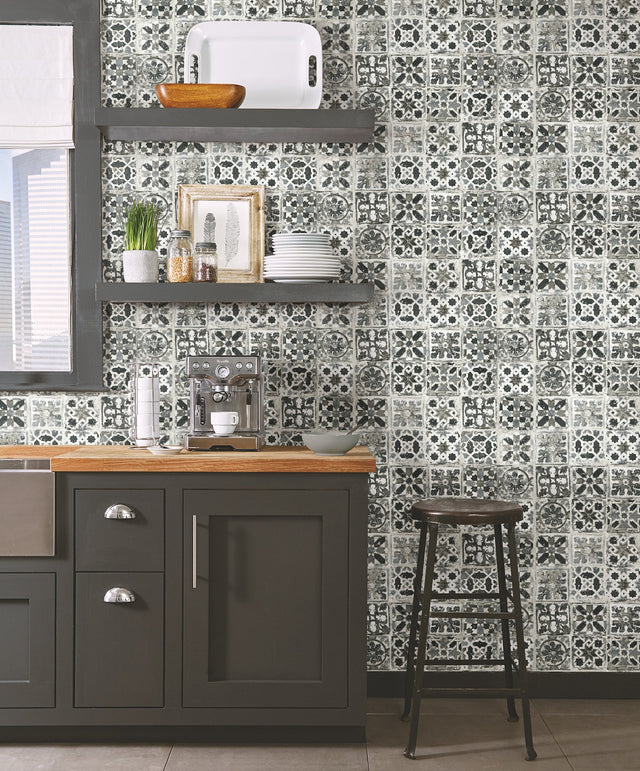 Encaustic Tile Black Peel & Stick Wallpaper with Stone-Look Geometric Pattern - York PSW1303RL