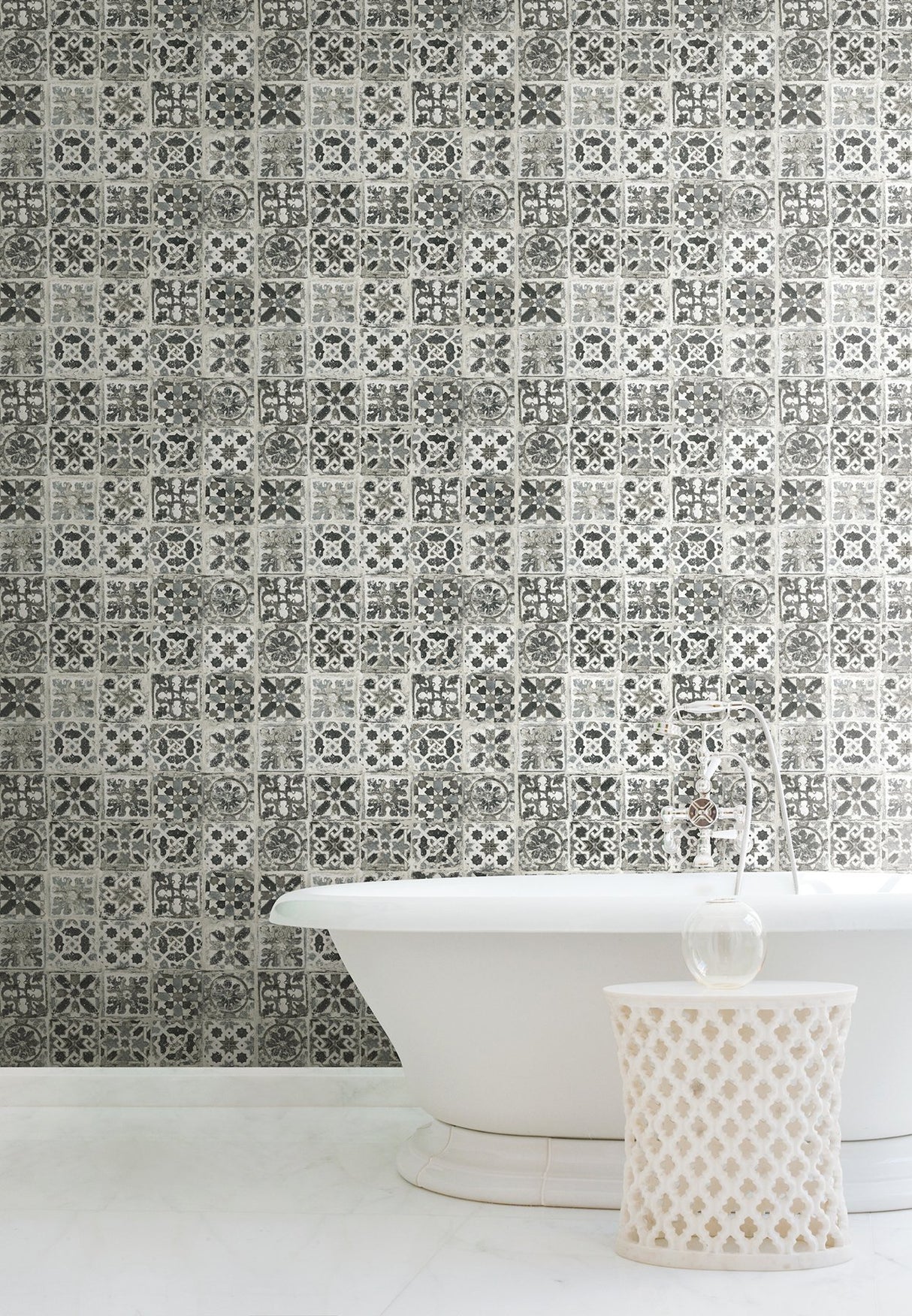 Encaustic Tile Black Peel & Stick Wallpaper with Stone-Look Geometric Pattern - York PSW1303RL