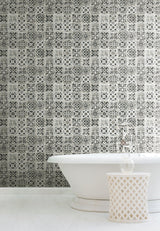 Encaustic Tile Black Peel & Stick Wallpaper with Stone-Look Geometric Pattern - York PSW1303RL