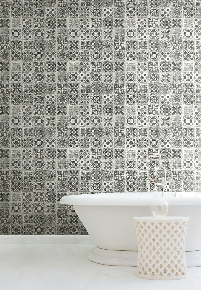 Encaustic Tile Black Peel & Stick Wallpaper with Stone-Look Geometric Pattern - York PSW1303RL