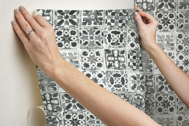 Encaustic Tile Black Peel & Stick Wallpaper with Stone-Look Geometric Pattern - York PSW1303RL