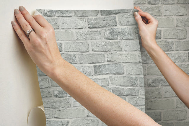 Stretcher Brick Grey Peel & Stick Wallpaper with Weathered Masonry Motif - York PSW1304RL