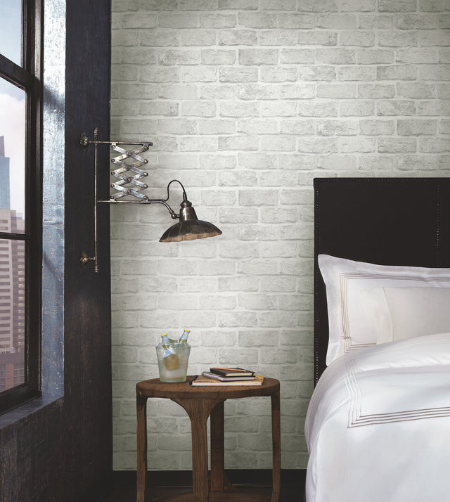 Stretcher Brick Light Grey Peel & Stick Wallpaper with Weathered Masonry Motif - York PSW1305RL