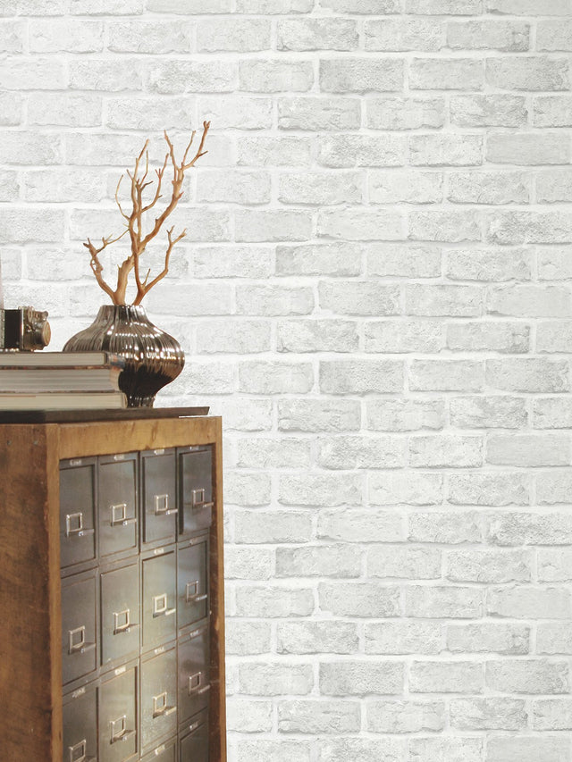 Stretcher Brick Light Grey Peel & Stick Wallpaper with Weathered Masonry Motif - York PSW1305RL