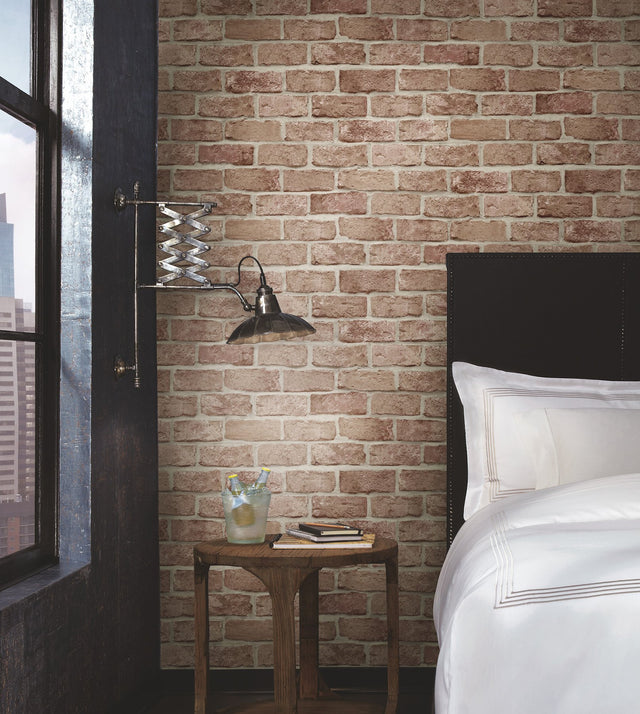 Stretcher Brick Red Peel & Stick Wallpaper with Weathered Masonry Brick Pattern - York PSW1306RL
