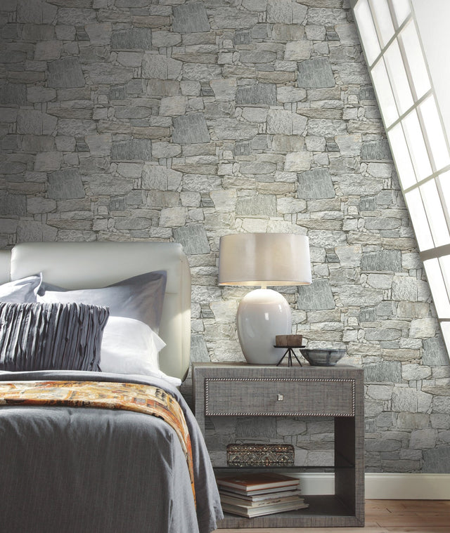 Chateau Stone Grey & Beige Peel & Stick Wallpaper with Stone Look Pattern - York PSW1307RL