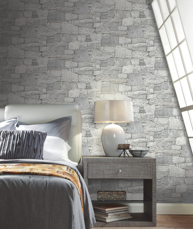 Chateau Stone Grey Peel & Stick Wallpaper with Field Stone Motif - York PSW1308RL