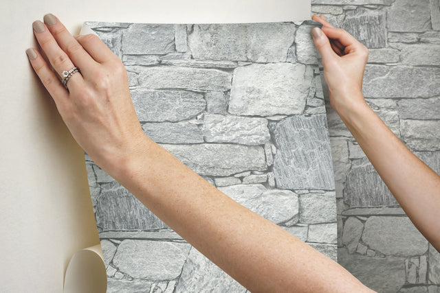 Chateau Stone Grey Peel & Stick Wallpaper with Field Stone Motif - York PSW1308RL