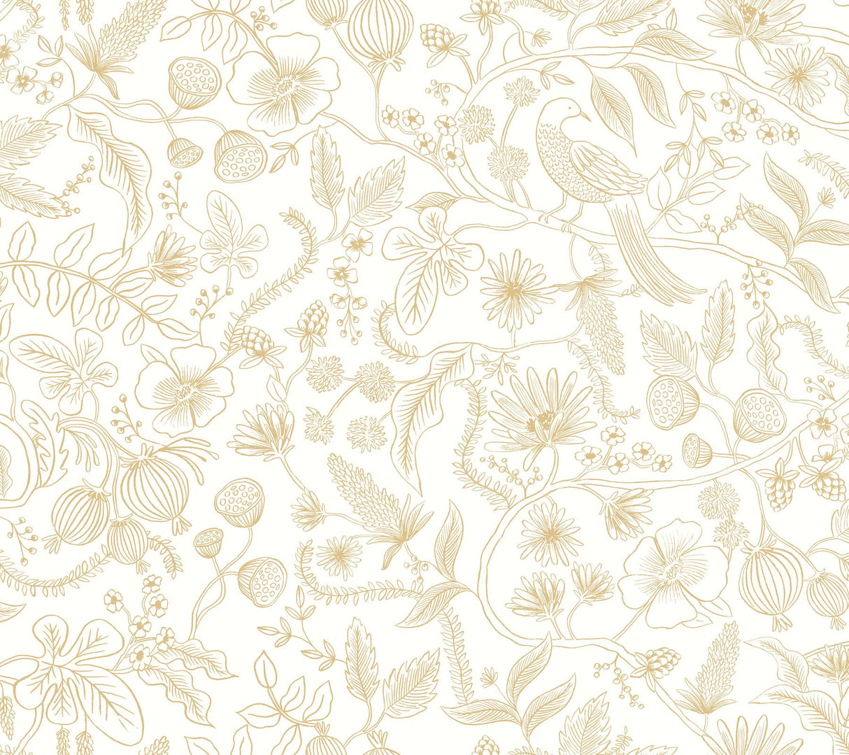 Aviary Off White & Gold Peel & Stick Wallpaper with Botanical Bird Linework - York PSW1309RL