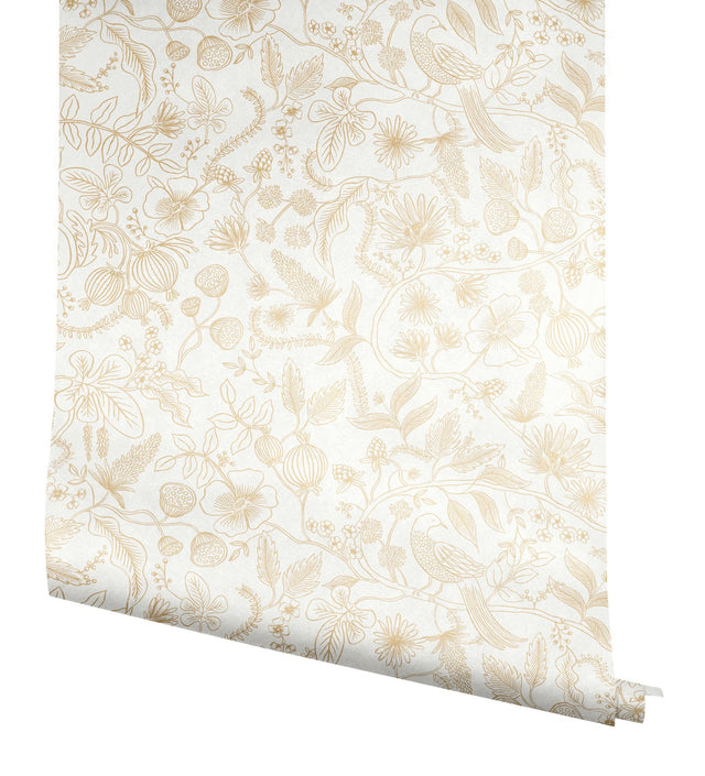 Aviary Off White & Gold Peel & Stick Wallpaper with Botanical Bird Linework - York PSW1309RL