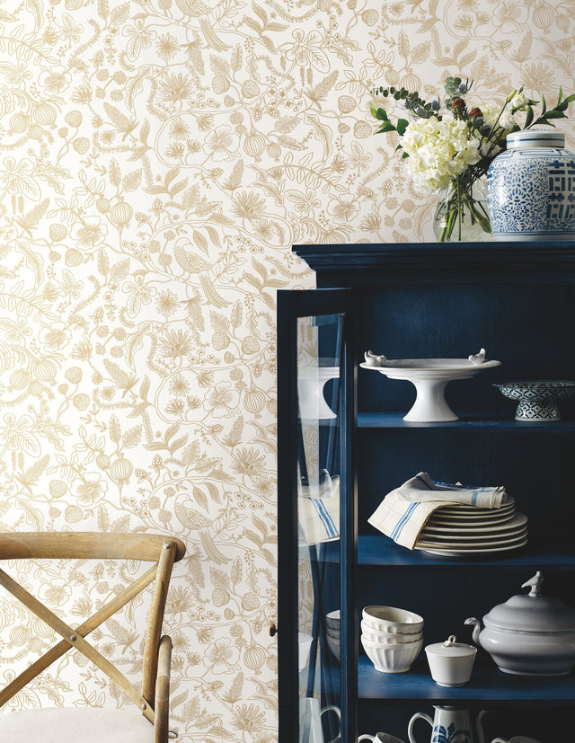 Aviary Off White & Gold Peel & Stick Wallpaper with Botanical Bird Linework - York PSW1309RL