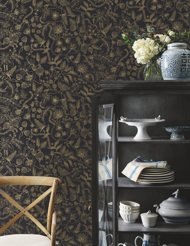 Aviary Black & Gold Peel & Stick Wallpaper with Botanical Bird Linework - York PSW1310RL