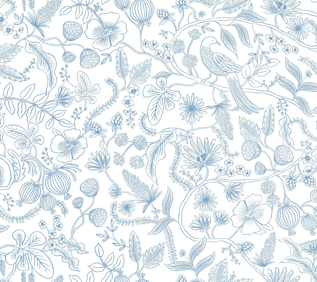 Aviary Blue & Cream Peel & Stick Wallpaper with Botanical Bird Motif - York PSW1311RL