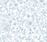 Aviary Blue & Cream Peel & Stick Wallpaper with Botanical Bird Motif - York PSW1311RL