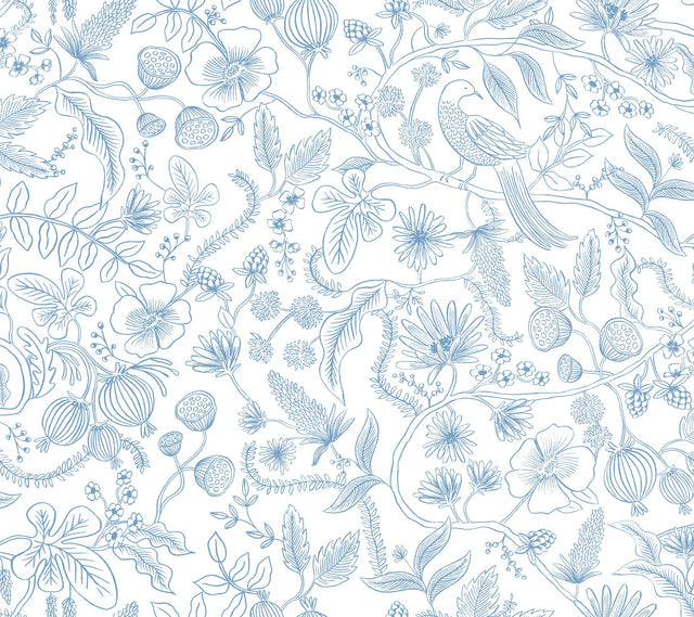 Aviary Blue & Cream Peel & Stick Wallpaper with Botanical Bird Motif - York PSW1311RL