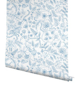 Aviary Blue & Cream Peel & Stick Wallpaper with Botanical Bird Motif - York PSW1311RL