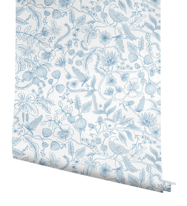 Aviary Blue & Cream Peel & Stick Wallpaper with Botanical Bird Motif - York PSW1311RL