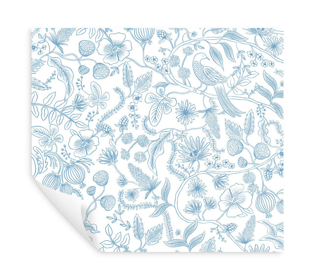 Aviary Blue & Cream Peel & Stick Wallpaper with Botanical Bird Motif - York PSW1311RL