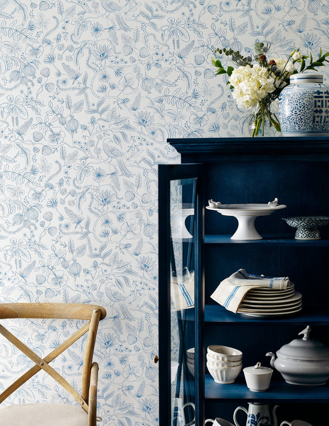 Aviary Blue & Cream Peel & Stick Wallpaper with Botanical Bird Motif - York PSW1311RL