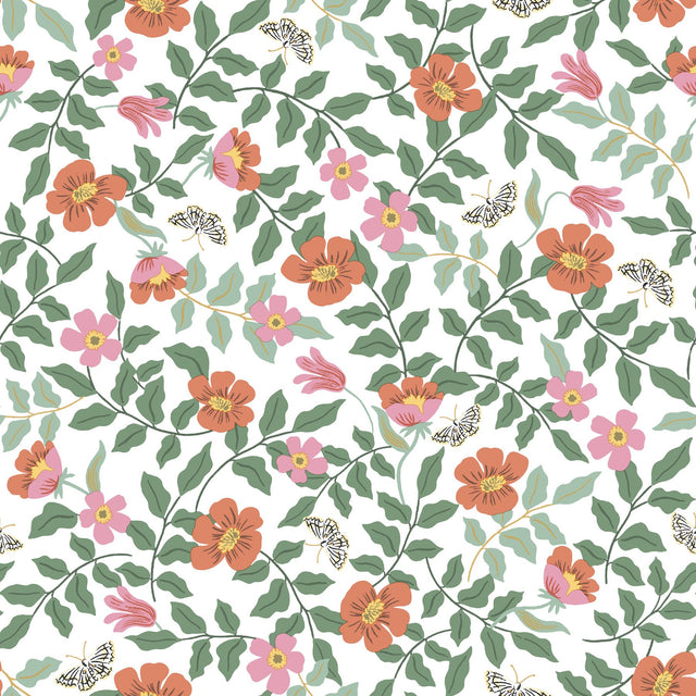 Primrose Rose & Cream Peel & Stick Wallpaper with Floral and Butterfly Motif - York PSW1313RL