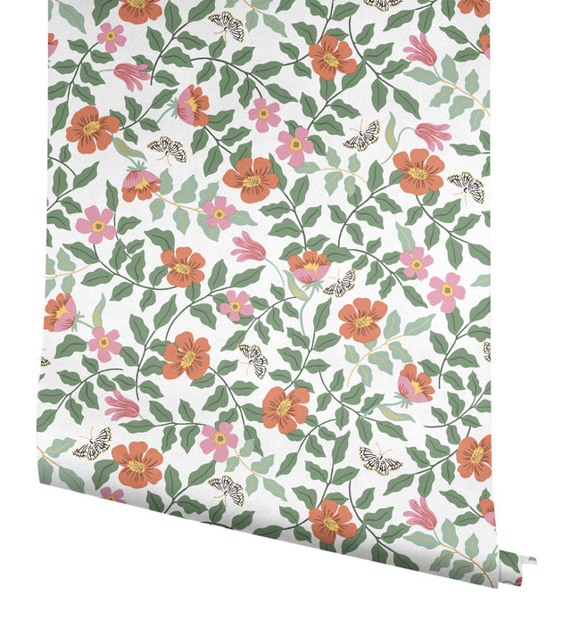 Primrose Rose & Cream Peel & Stick Wallpaper with Floral and Butterfly Motif - York PSW1313RL