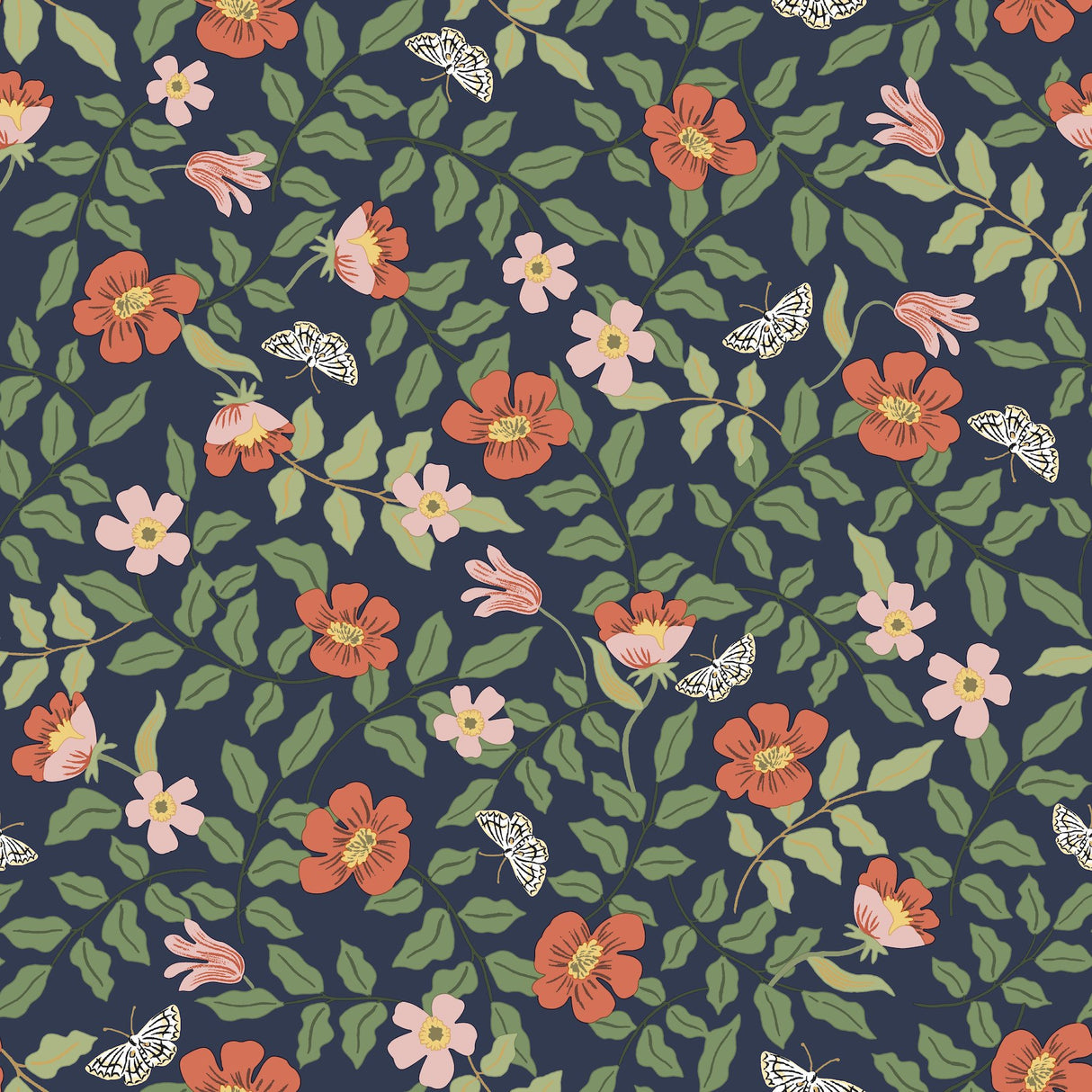 Primrose Rose & Navy Peel & Stick Wallpaper with Floral and Butterfly Motif - York PSW1314RL