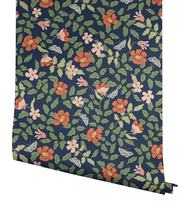 Primrose Rose & Navy Peel & Stick Wallpaper with Floral and Butterfly Motif - York PSW1314RL