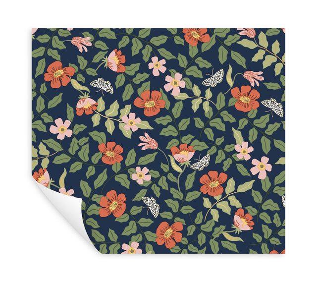 Primrose Rose & Navy Peel & Stick Wallpaper with Floral and Butterfly Motif - York PSW1314RL