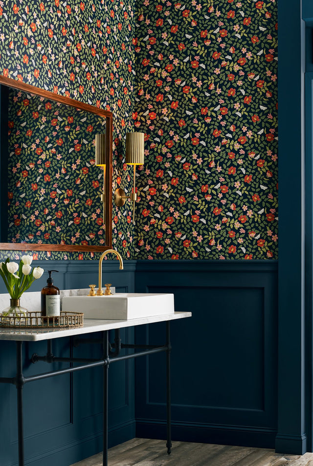 Primrose Rose & Navy Peel & Stick Wallpaper with Floral and Butterfly Motif - York PSW1314RL