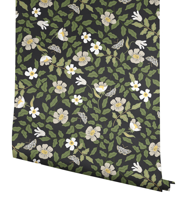 Primrose Off White & Black Peel & Stick Wallpaper with Floral and Butterfly Motif - York PSW1315RL