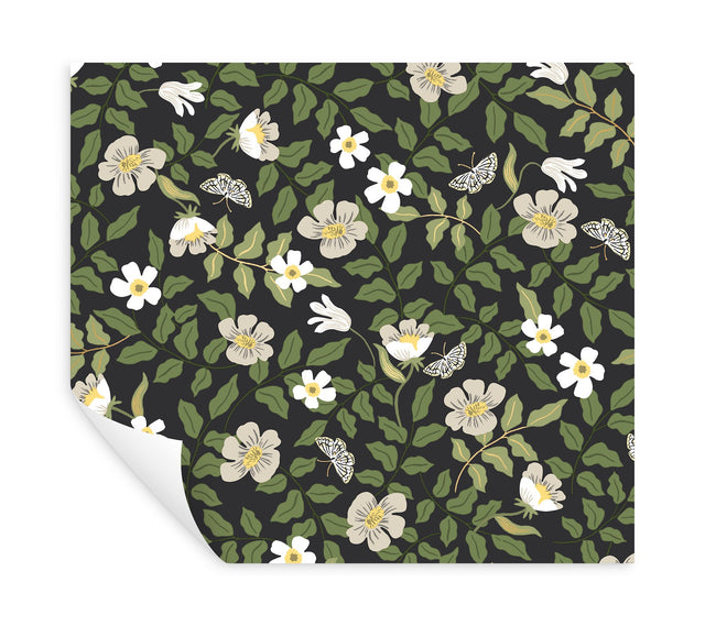 Primrose Off White & Black Peel & Stick Wallpaper with Floral and Butterfly Motif - York PSW1315RL