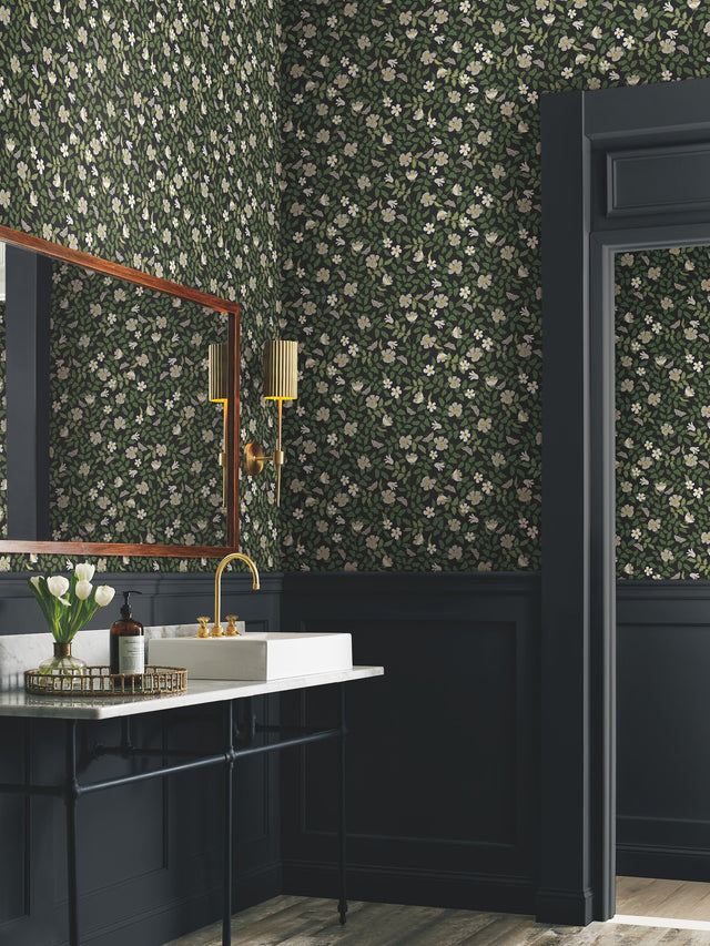 Primrose Off White & Black Peel & Stick Wallpaper with Floral and Butterfly Motif - York PSW1315RL