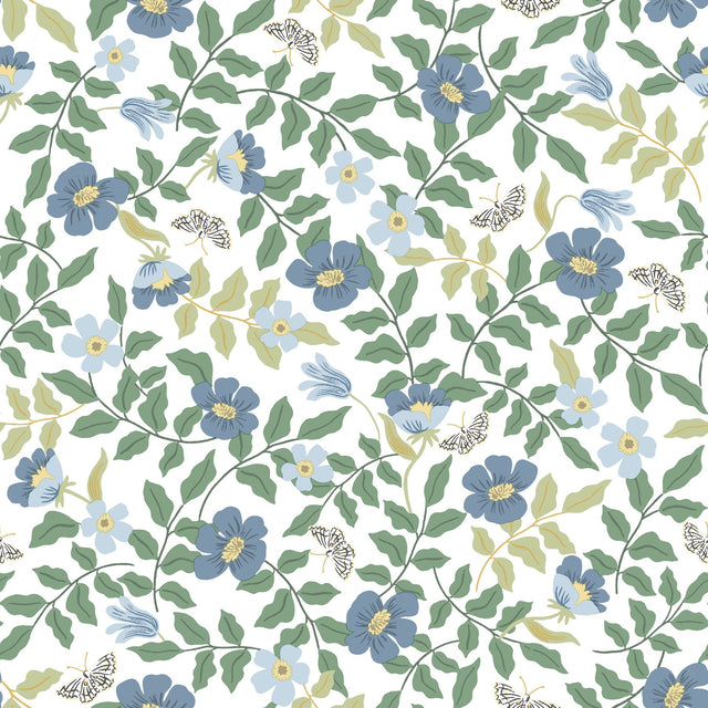 Primrose Blue & White Peel & Stick Wallpaper with Floral and Butterfly Motif - York PSW1316RL
