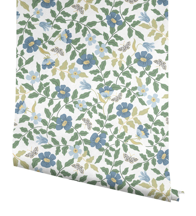 Primrose Blue & White Peel & Stick Wallpaper with Floral and Butterfly Motif - York PSW1316RL