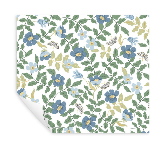 Primrose Blue & White Peel & Stick Wallpaper with Floral and Butterfly Motif - York PSW1316RL